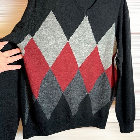 Kenneth Roberts Platinum Merino Wool Sweater Black Argyle V-neck Men’s size XL - Picture 2 of 9